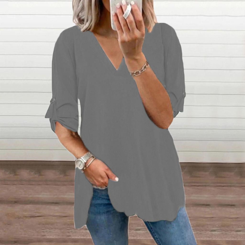 Fashion Women’s Causal Color V-Neck Long Sleeve Chiffon Shirt Blouse Tops