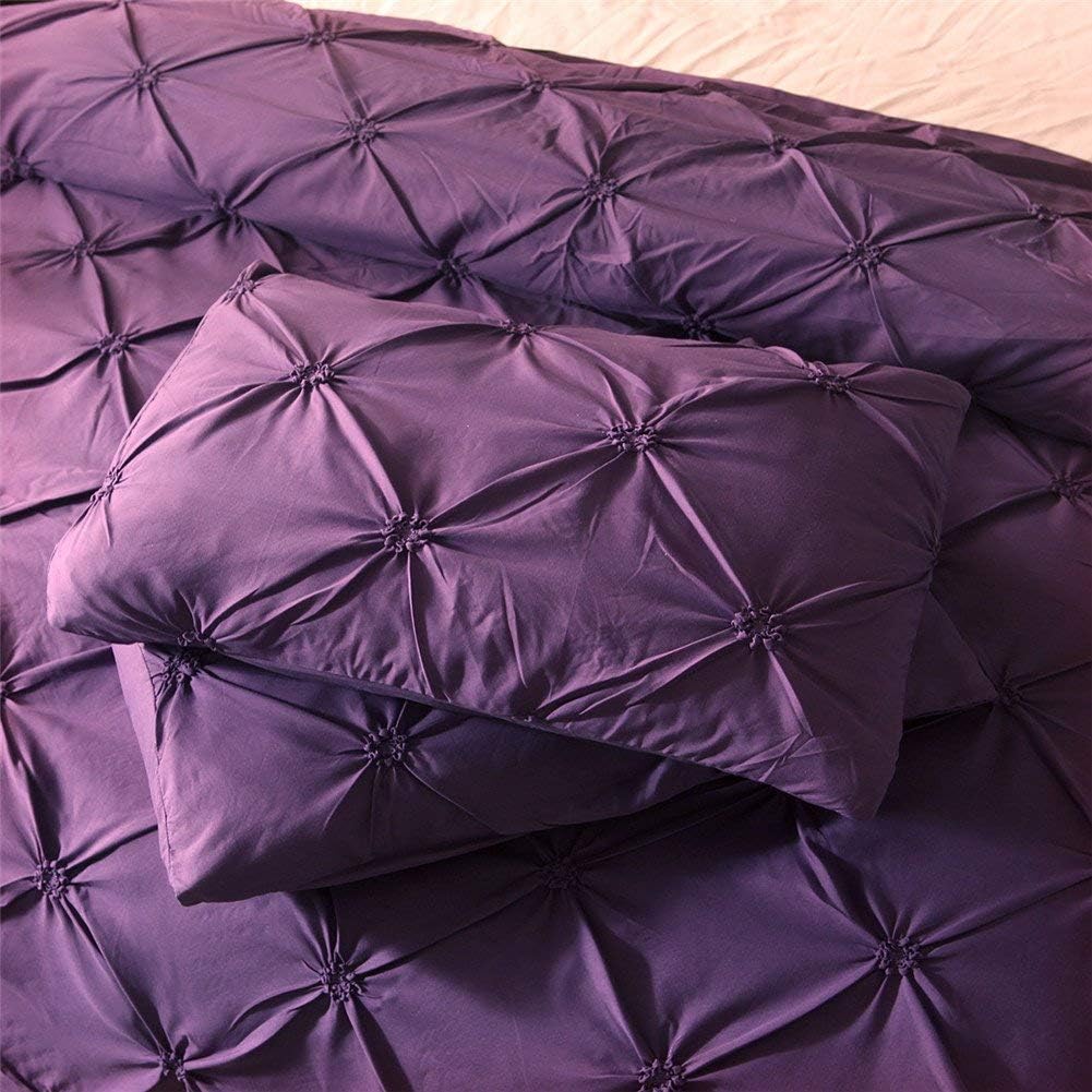 Feelyou Raffung Bettbezug Set King Size Lila Pinch Pleat Bettbezug Tuft-Design Bettwäsche Set Reißverschluss Weiches Polyester Bettdeckenbezug mit