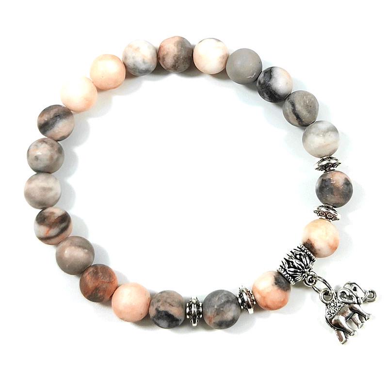 European  American Pink Zebra Elephant Bracelet: Natural Stone Beaded Elastic Boho Jewelry 18.5-19CM Elastic