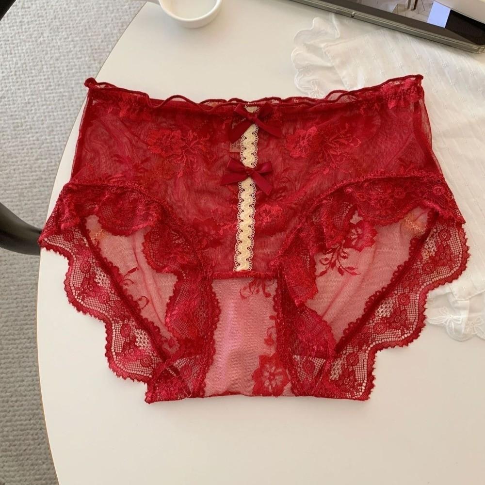 Lingerie Cotton Crotch Sweet Lace Panties Mesh Mid Waist Underwear for Women Transparent Bow Lace Flower Briefs Girl