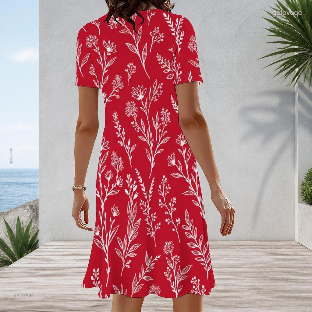 Women Plus Size Round Neck Short Sleeve White Hot Pink Printed A Line Dress