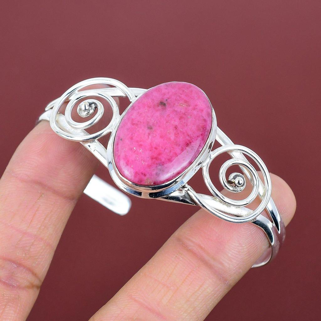 Rhodonite Bangle Gemstone Cuff Bracelet Unique Jewelry 925 Sterling Silver Bangle Adjustable Cuff Bracelet Handmade Jewelry Gifts for Friend