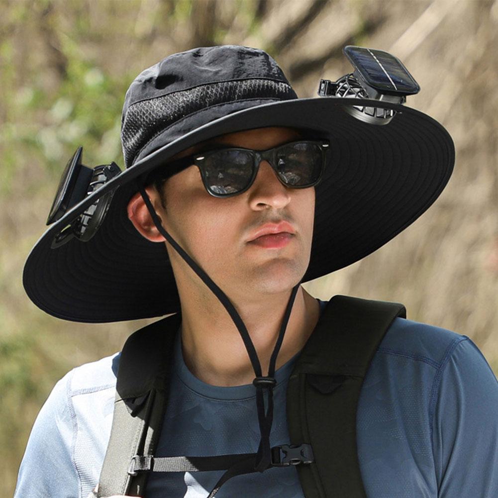 Solar Rechargeable Single/Dual Fan Fisherman Hat Outdoor Big Brim Sunscreen Quick Dry Fishing Hat Portable Mute Fan Caps for Man