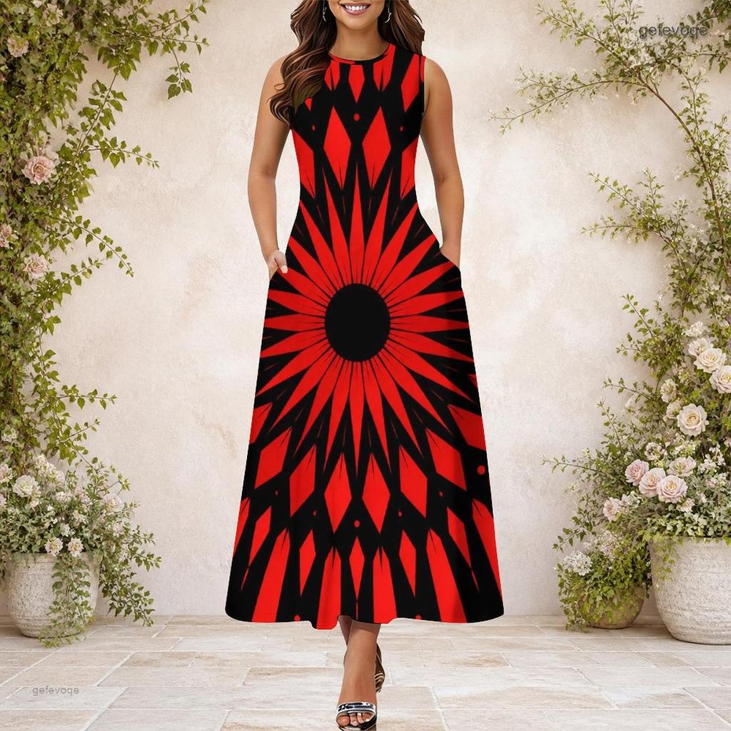 Rochie Maxi A-Line Imprimată Fără Mâneci cu Gât Rotund pentru Femei Mărimi Mari cu Buzunare Laterale