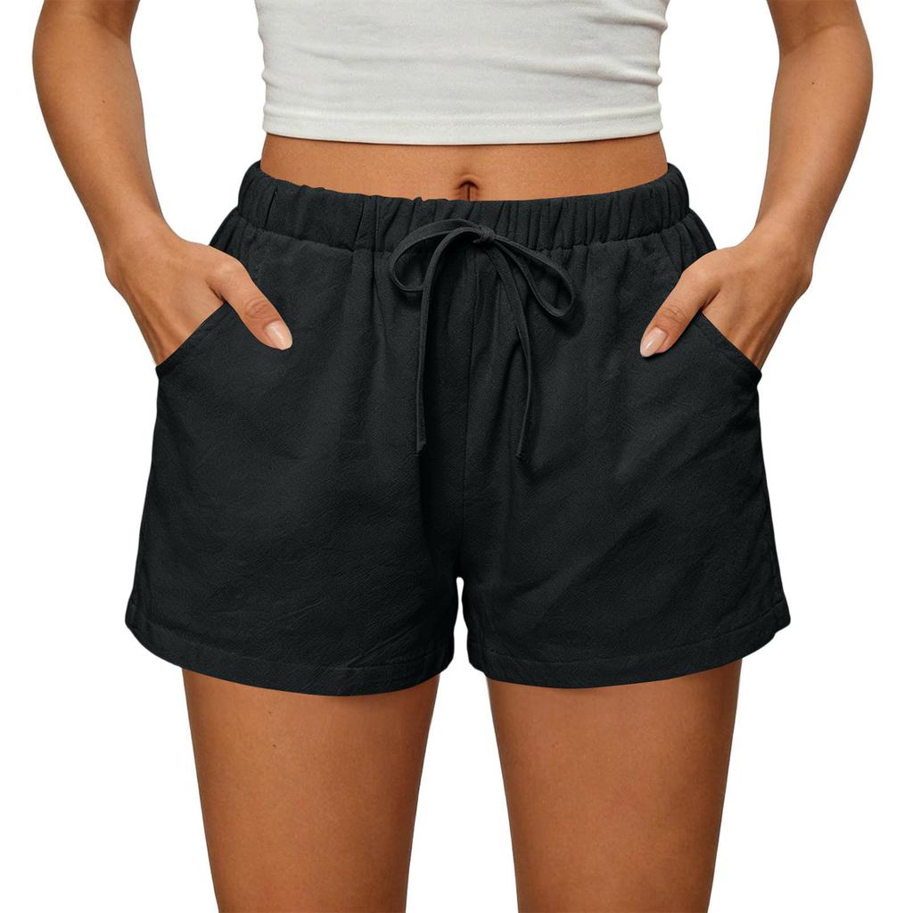 Womens Shorts Casual Elastic High Waisted Drawstring Shorts With Pockets