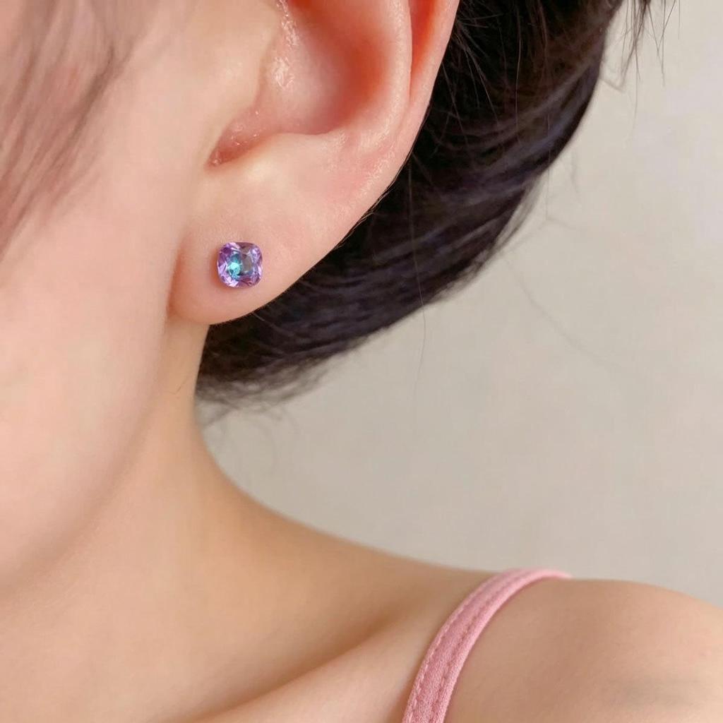 Aurora Square Stud Earrings Set: Pink, Purple, White Gradient Cubic Zirconia for Women - Multi-Color Versatile Jewelry.