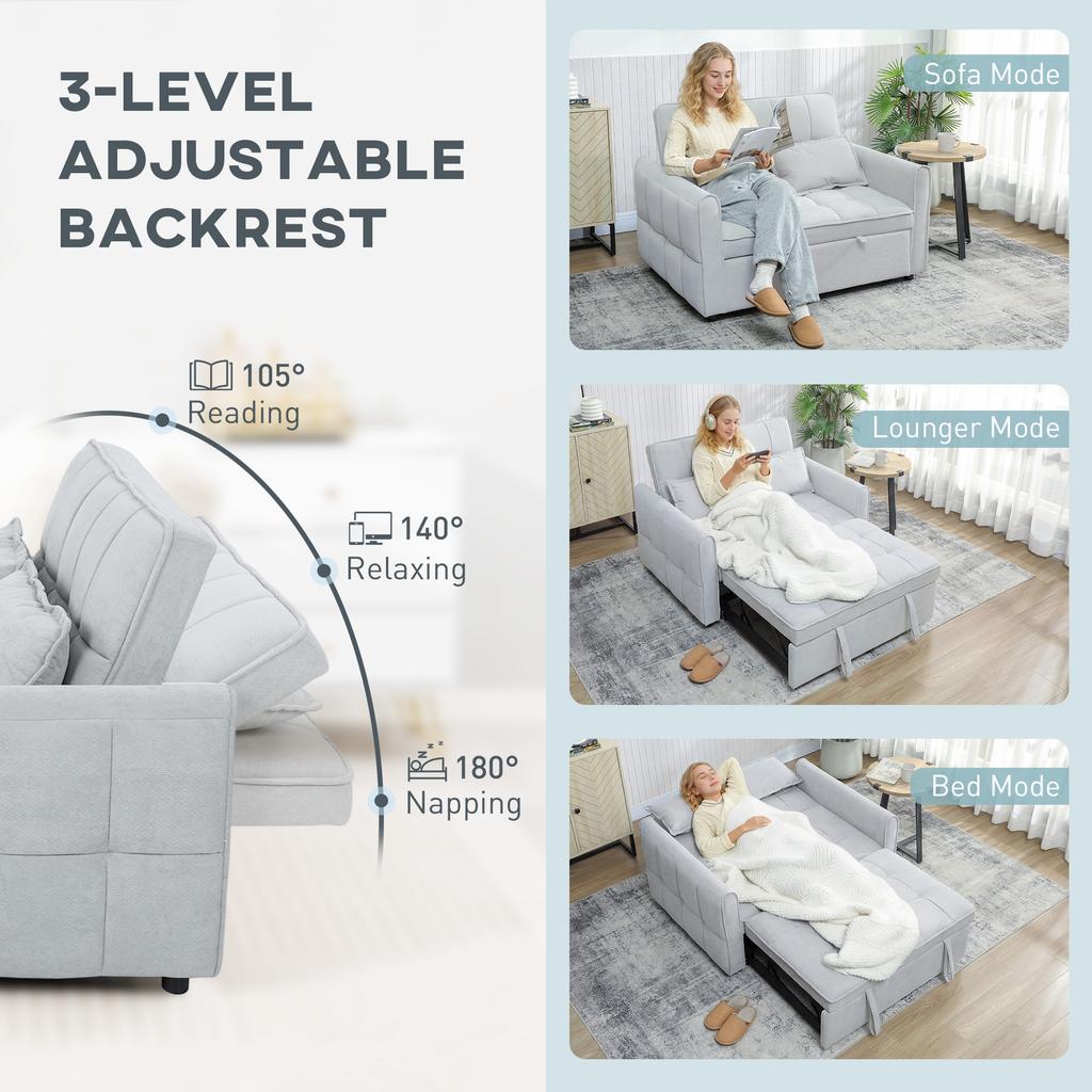2 Seater Sofa Bed, 3-in-1 Convertible Sleeper Sofa with Click-clack Adjustable Backrest and 2 Pillows, Light Grey