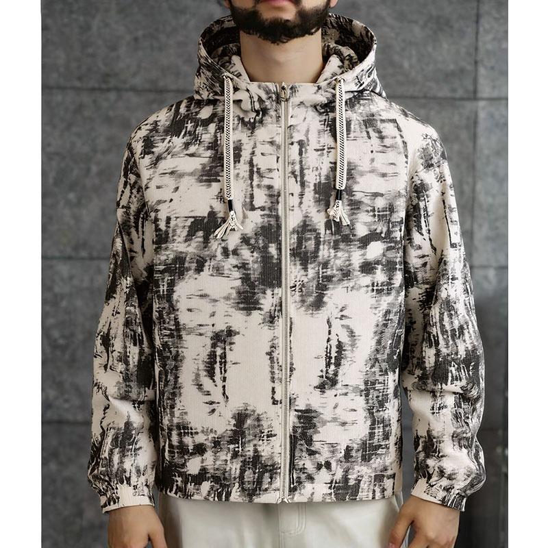 

Men Tie Dye Print Hooded Zip Up Casual Jacket M серый