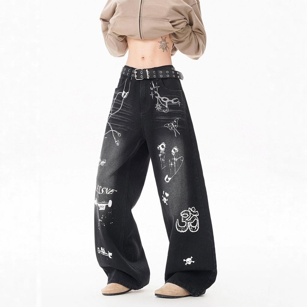 American washed old straight jeans boys summer new trendy brand loose casual graffiti wide leg trousers