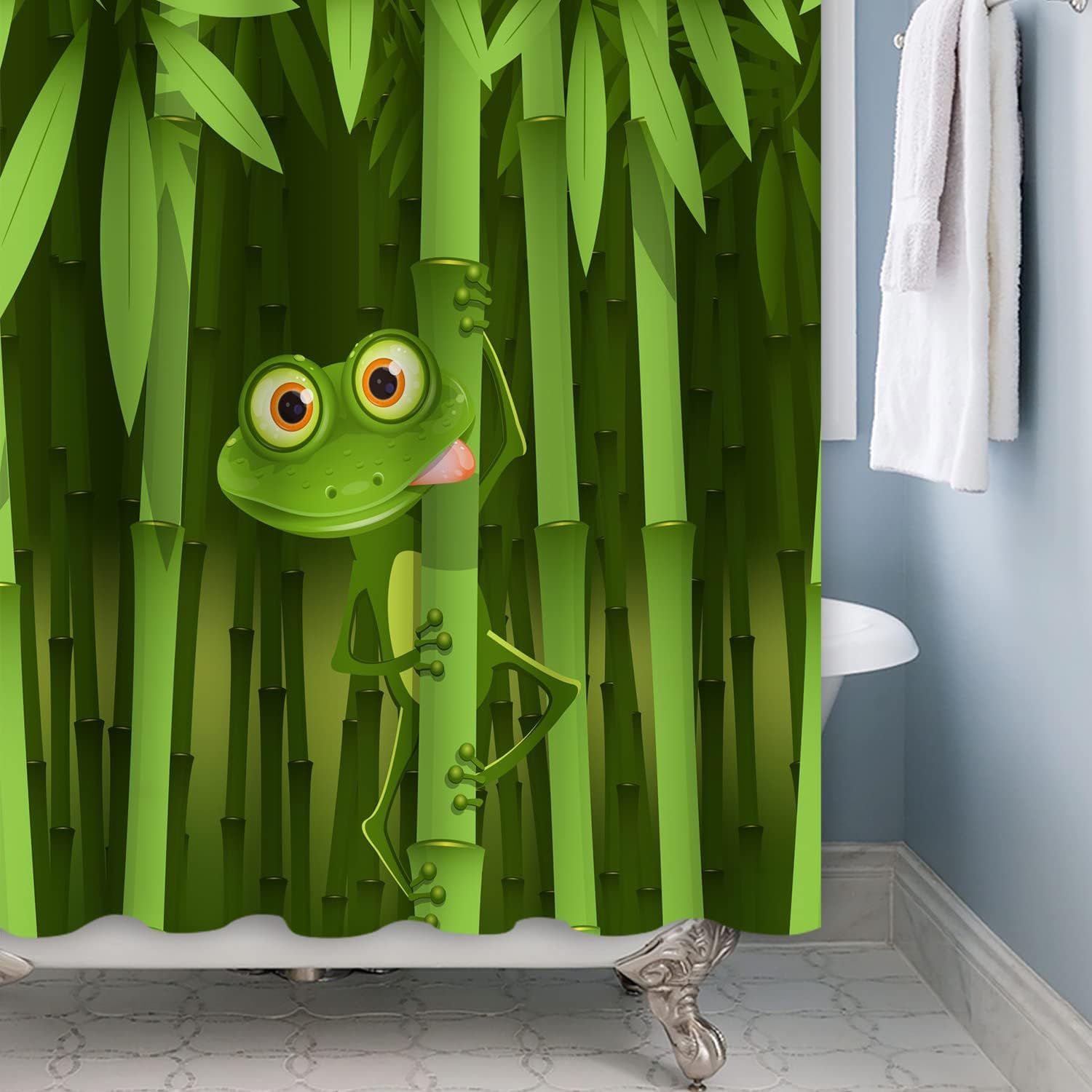 Cute Frog Shower Curtain with Funny Bamboo Cartoon, Animal Abstract Leaf Design Green Bathroom Decor Waterproof Polyester Set 90x180CM