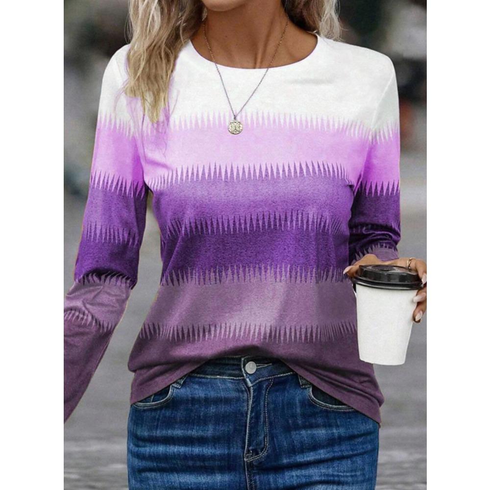 Oberteile für Damen Geometrisches Muster Print Rundhals Langarm T-Shirt Herbst Lässig Schlanker Pullover Damen Langarm Oberteil