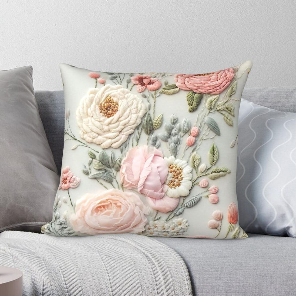 Pastel Garden Elegant Floral Square Pillowcase Polyester Linen Velvet Creative Zip Decorative Sofa Cushion Cover