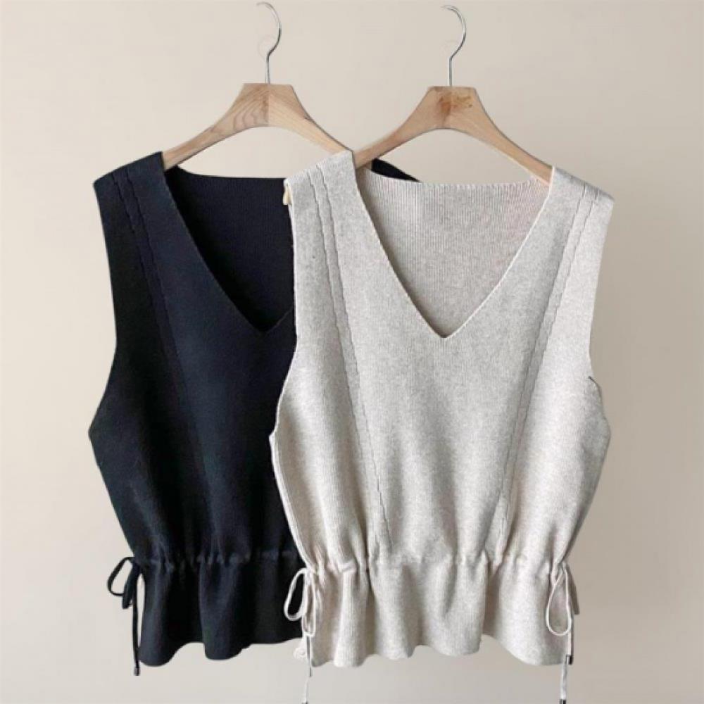 New ArriVals Open Run Women V Neck sleeVeless Knit Top Waist Adjust String Visc0