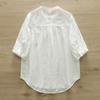 Spring Cotton Yarn Shirt Women Stand Collar Short Sleeve Solid Top Girl Fashion Pocket Retro Blouses Summer