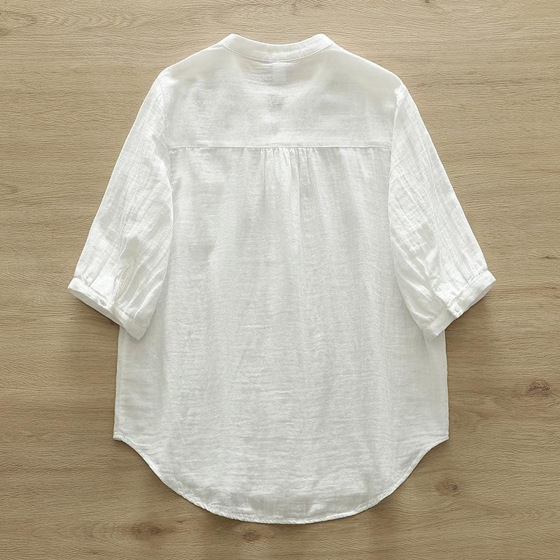 Spring Cotton Yarn Shirt Women Stand Collar Short Sleeve Solid Top Girl Fashion Pocket Retro Blouses Summer