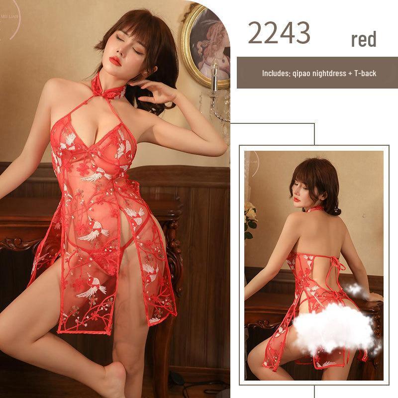 Mulan Retro Print Cheongsam Pajama Set - Sexy, Slim, High Slit, Bodycon Lingerie In Ancient Style