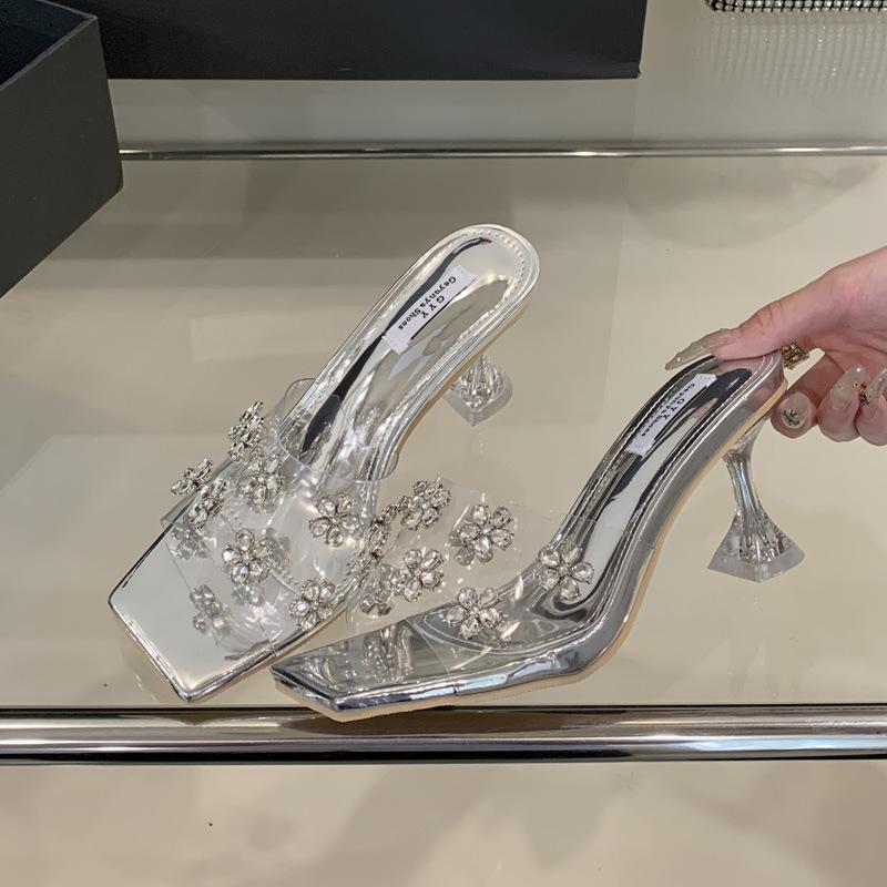 

High-heeled slippers women s summer outer wear new fashion temperament sandals fashion crystal slippers 40 серебряный