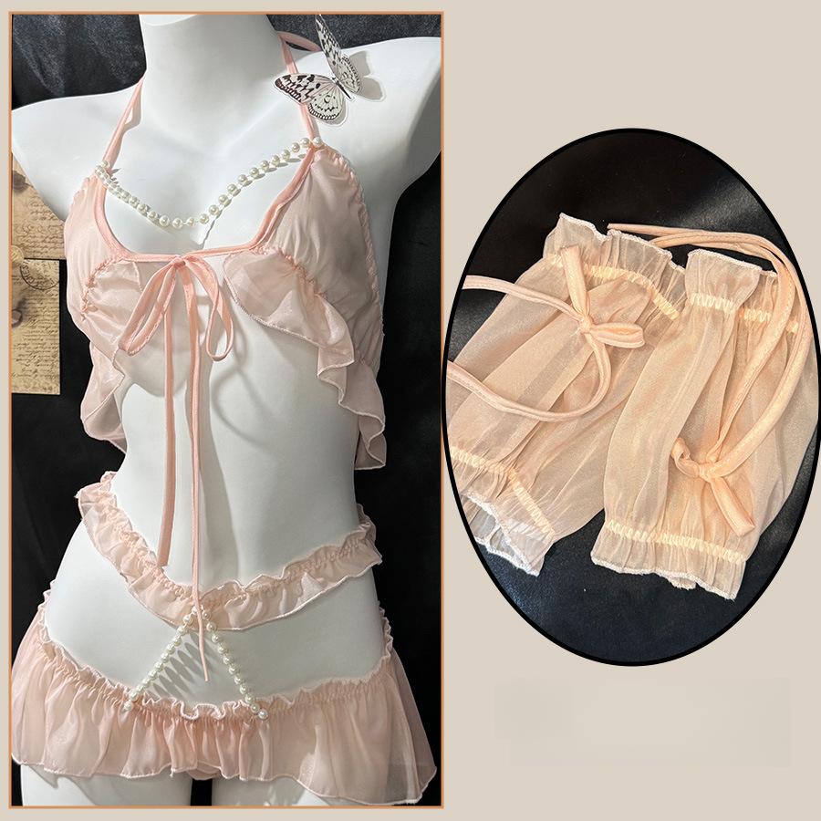 Sexy Underwear Sexy Breast Pearl Neck Three-point Lace Uniform Hip Perspective Cute Woman