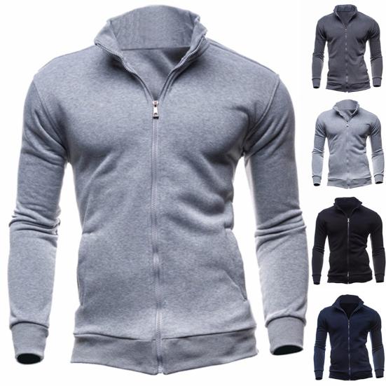 Chic Men Solid Color Stand Collar Long Sleeve Zip Up Casual Coat Jacket Outwear