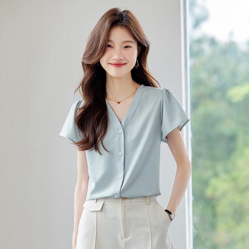 Women s V-Neck Chiffon Short-Sleeve Blouse 2XL