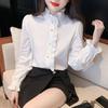2025 French Chic Ruffle Stand Collar White Shirt for Women - Perfect for Autumn and Spring