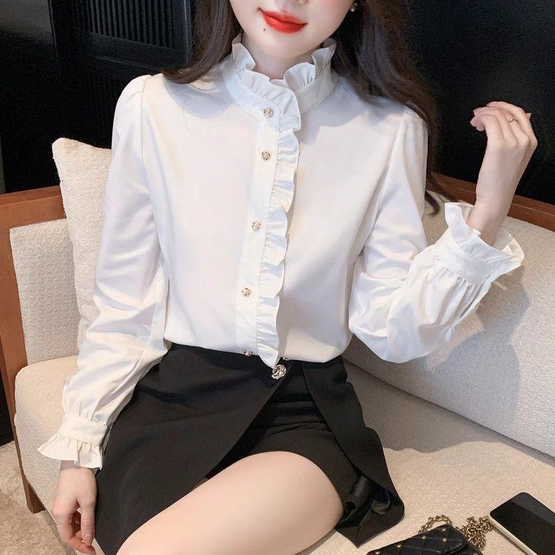 Women's White Ruffle Stand Collar Shirt - French Chic, Autumn/Spring 2025