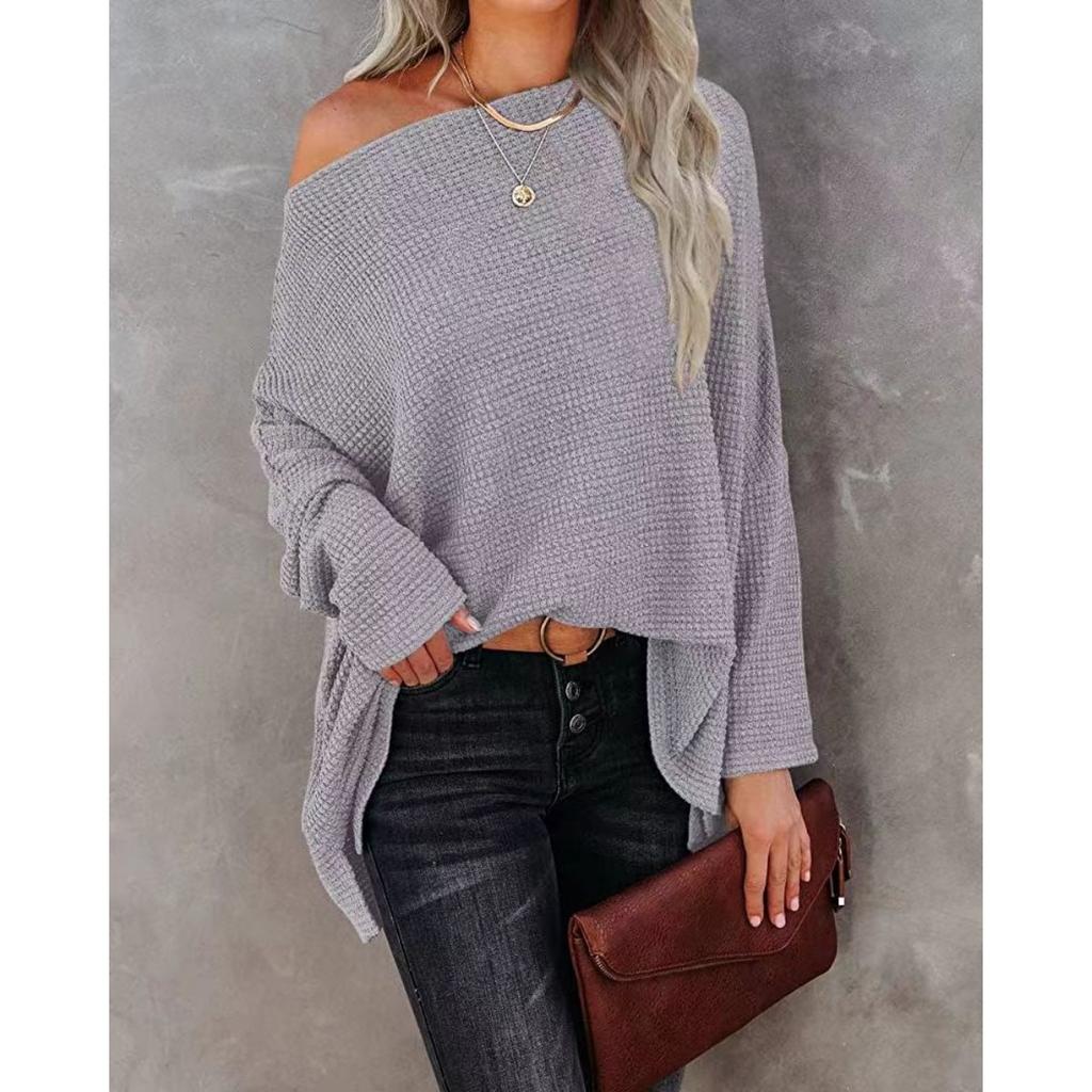 Women's Casual Off-shoulder Batwing Long Sleeve Waffle Knit Pullover Waist Cinching Sweater Top