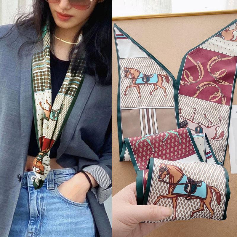 Luxury Long Silk Scarf Bag Tie Lady Neck Skinny Scarves Hairband Foulard Horse Print Brand Women Neckerchief Ribbon