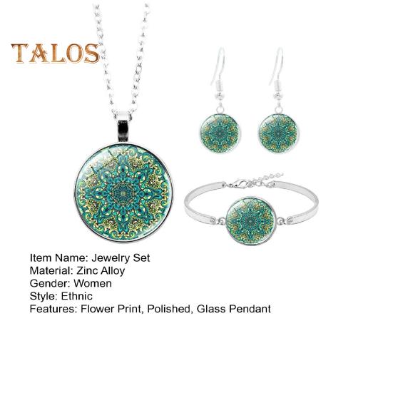 1 Set Women Jewelry Set Flower Print Glass Pendant Vintage Ethnic Style Prom Party Earrings Necklace Bracelet Combo Ideal Christmas Gift