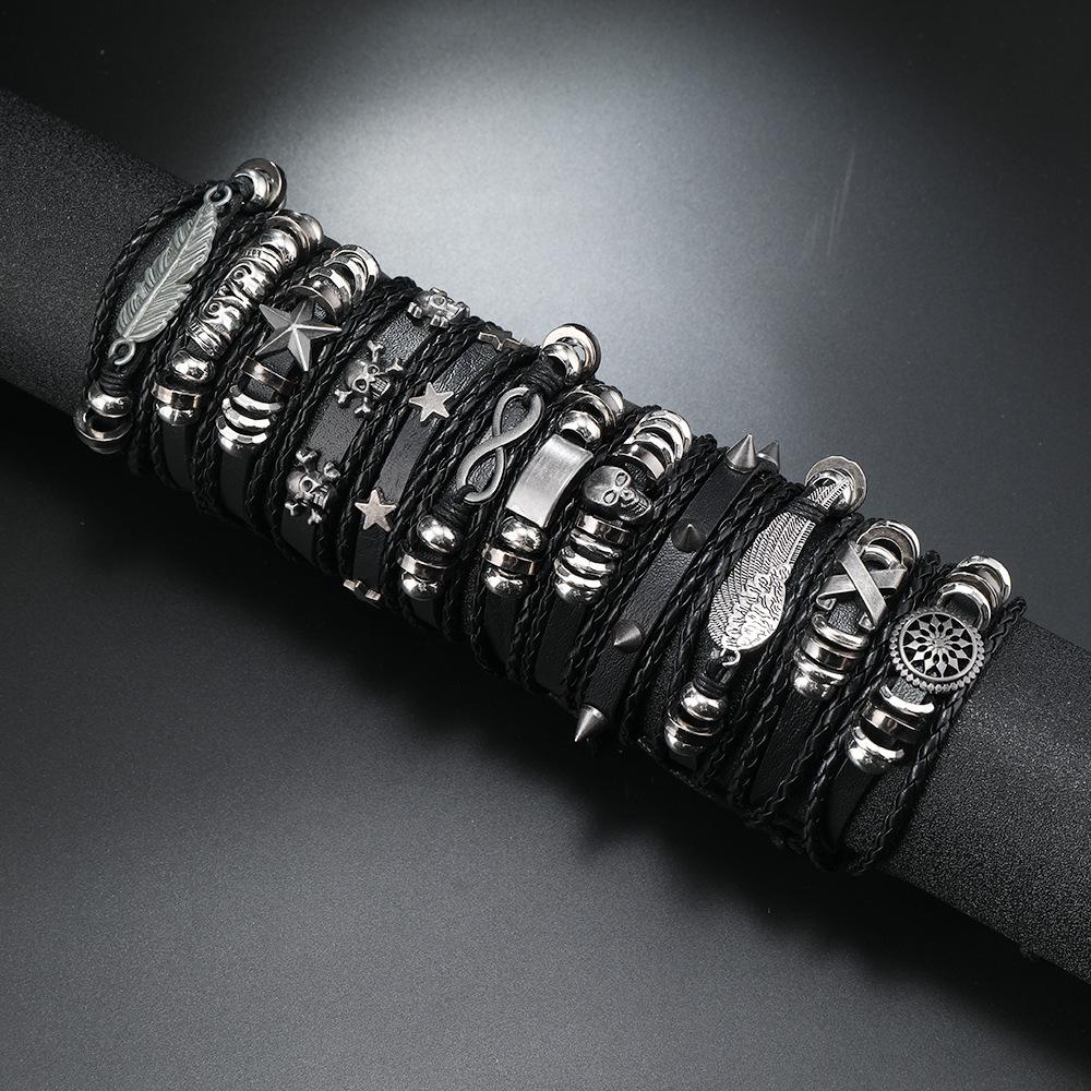 European and American cross-border men's punk leather rivet bracelet 12 pieces, a set of multi-layer skull five-pointed star bracelet