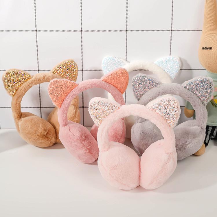 Korean Style Sequin Cat Ear Plush Winter Ear Muffs for Kids