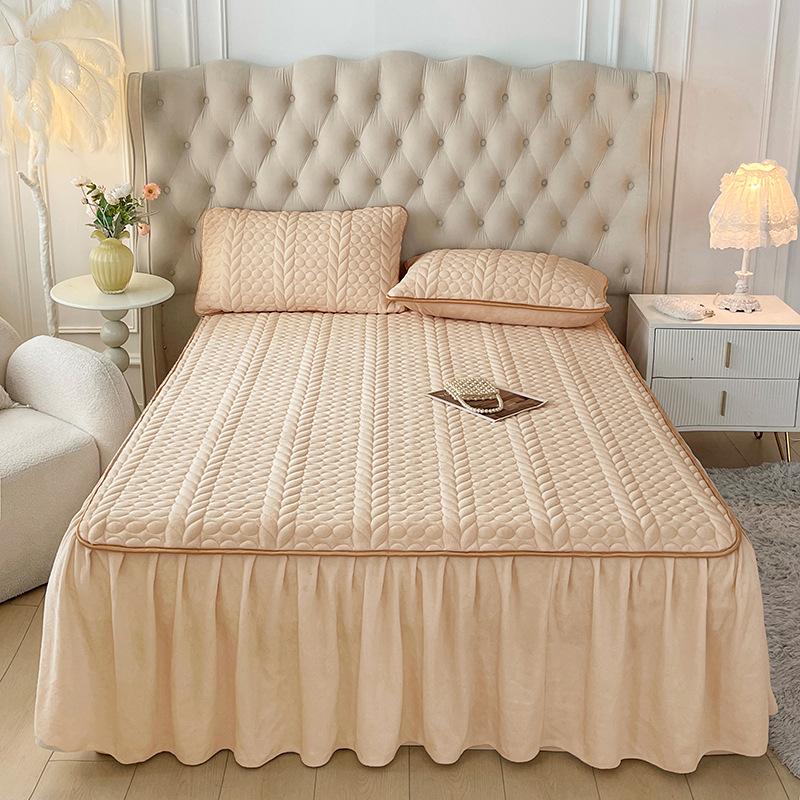 3-teiliges Luxus-Bettwäsche-Set, gesteppter Bettrand mit 2 Kissenbezügen, dicker warmer rutschfester Matratzenschoner, einfarbiges Bettlaken und Bettbezug