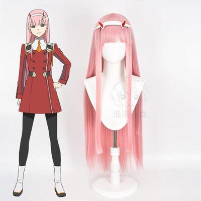 Anime DARLING In The FRANXX 02 ZERO TWO Long Wig Cosplay Wig Role Play Pink Color Cos Wig+Headwear