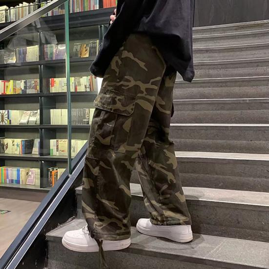 Men Baggy Pants Camouflage Multiple Pockets Elastic Waist Ankle Tied Streetwear Spring Autumn Hip Hop Loose Trouser for Sports