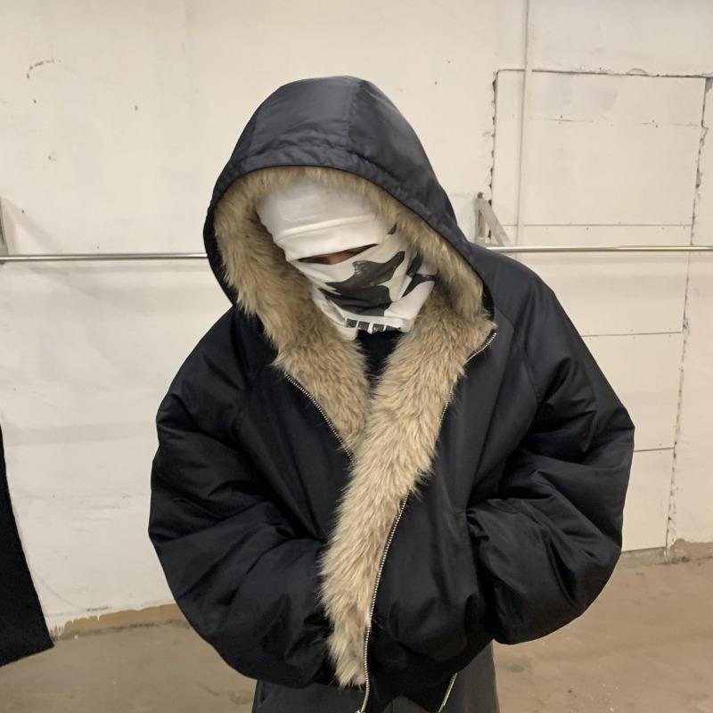 Double-sided Heavy-duty Hooded Fur Seat Mountain Carving Fleece Thickened Cotton Jacket Zipper Jacket Men's Autumn and Winter