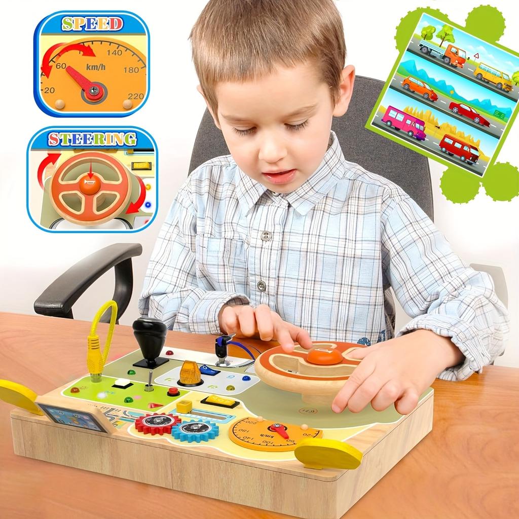 Placă Ocupațională din Lemn cu Volan Simulat, Jucărie Senzorială pentru Copii Mici cu Comutatoare cu LED, Muzică, Jucărie Educativă de Călătorie, Culoare Aleatorie