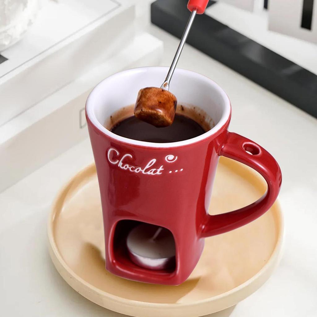 Fondue Mug with Spoon Ceramic Mini Multifunction Melting Cup Cheese Butter Candy Warmer Mug for Fondue Desserts Butter Caramel