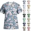 Women Stretch Quick Dry V Neck Pocket Short Sleeve Floral Printed Scrub Top for Nurse Caregiver Work Uniforms