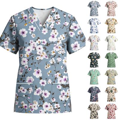 Damen Stretch Schnelltrocknend V-Ausschnitt Tasche Kurzarm Floral Bedrucktes Scrub Top für Krankenschwester Pflegekraft Arbeitsuniformen