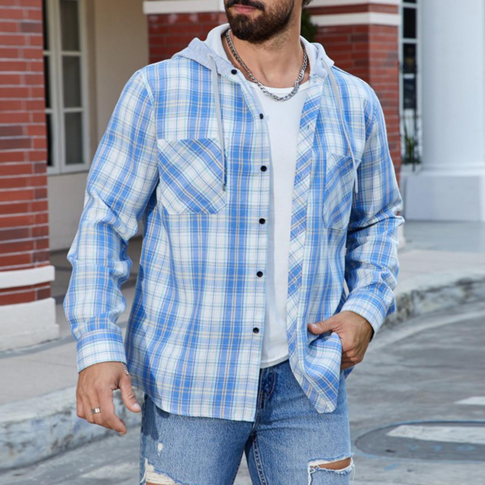 

Men s Plaid Long Sleeve Shirt Men s Pocket Button Hooded Sweatshirt XL