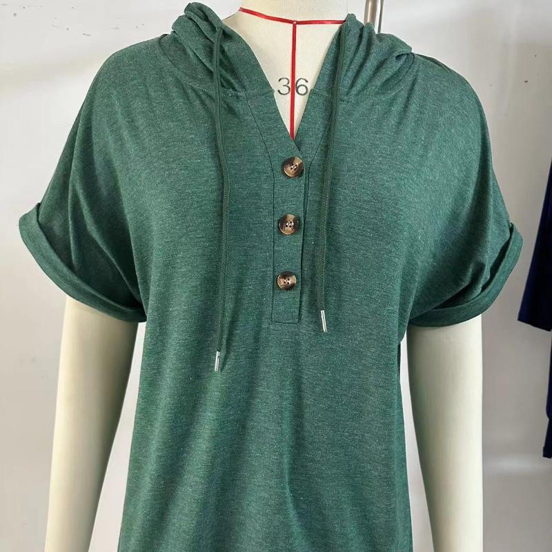 Summer New Solid Color Plus Size Casual T-shirt Women with Hooded Buttons Loose Short Sleeve T Shirt Women Fashion Elegant Lady Tee Tops  24297
