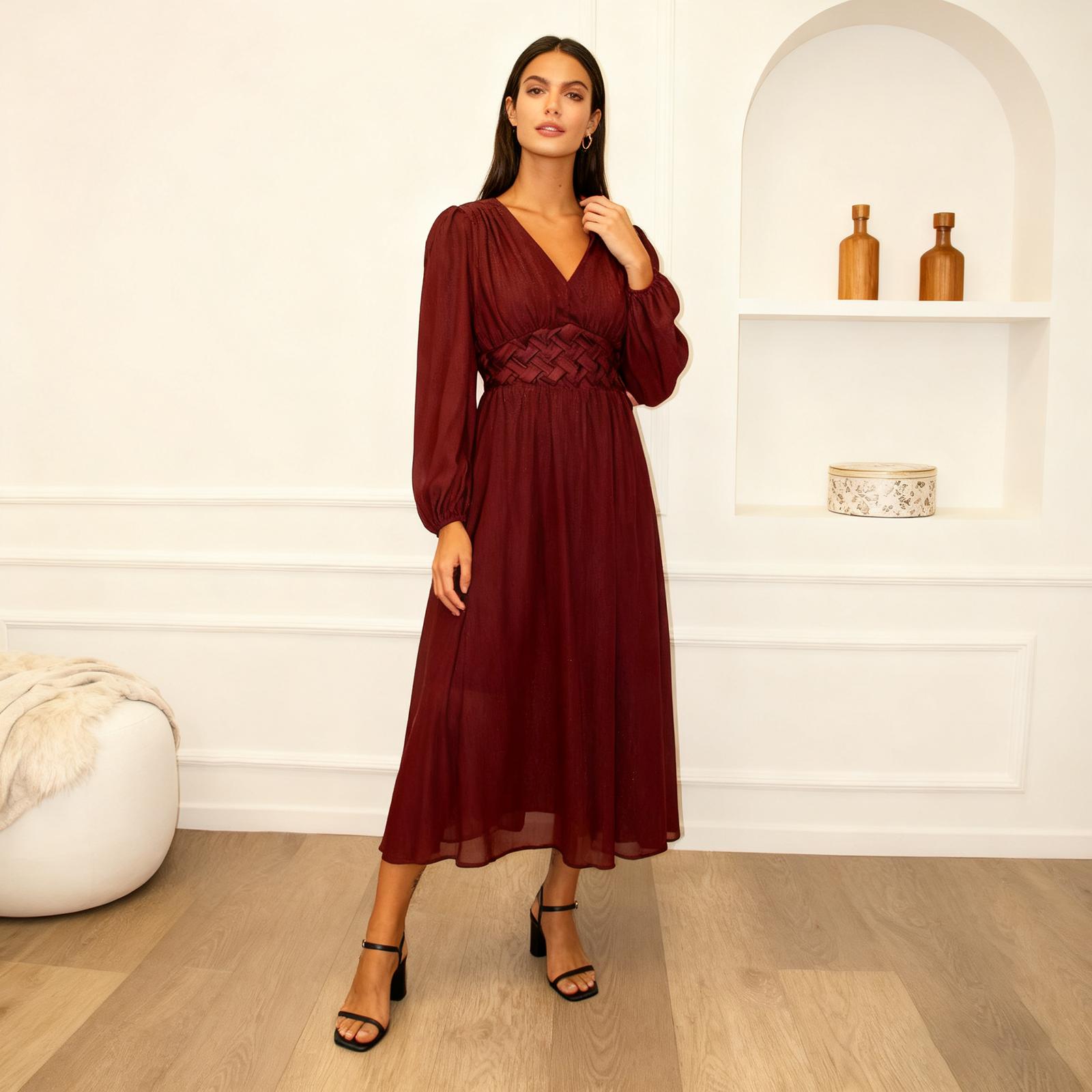

Women s Dress Design Fashion Elastic Belt Retro Sleeve S винний