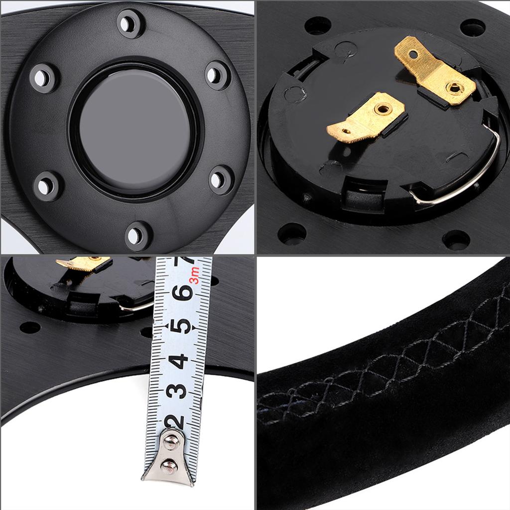 14in 350mm for Style 6‑Bolt Black Suede Racing Steering Wheel Black Stitching with Horn Button