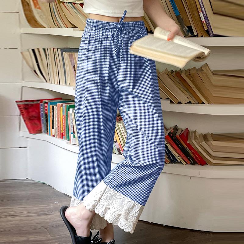 VONDA Women Casual Elastic Waist Drawstring Plaid Trousers