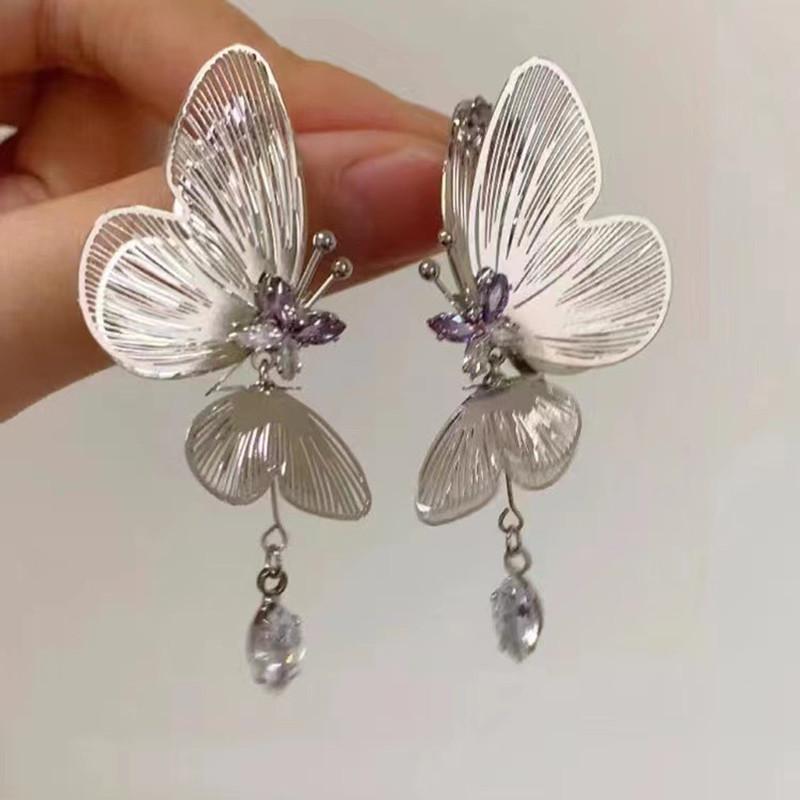 Purple Zircon Silver Color Hollow Butterfly Tassel Earrings For Women Fashionable Daily Accessory Party Jewelry Birthday Gifts