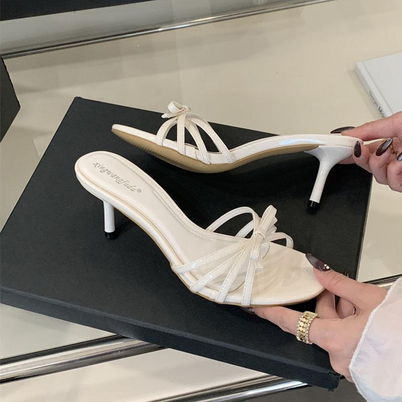 Fashion Women Thin Heels Sandals Slides Shoes Butterfly-Knot Footwear Fashion Round Toe Ladies High Heels Shoes Female Sandals Pumps