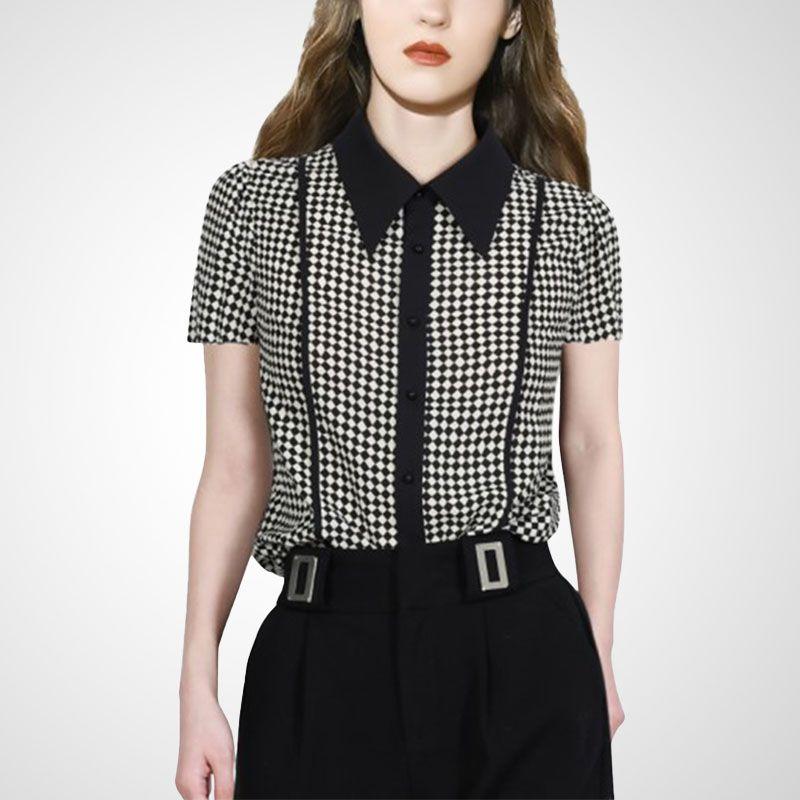 

Fashion Short Sleeve Gingham Shirt 2025 Summer New Arrival Work Clothing Professional Slim Fit Slim Looking Elegant French Joker Tops Gingham short sleeve S
