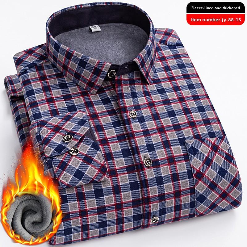 Plus Size Men's Thermal Shirt Men's Winter Fleece-Lined Thickened Checkered Long-Sleeved Shirt