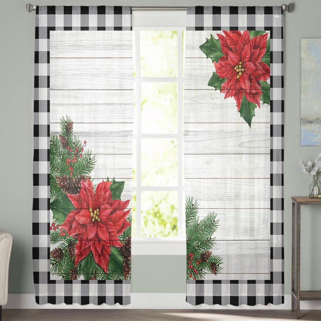 Winter Poinsettia Flower Vintage Sheer Curtains For Kids Bedroom Living Room Voile Curtains Xmas Kitchen Tulle Curtain