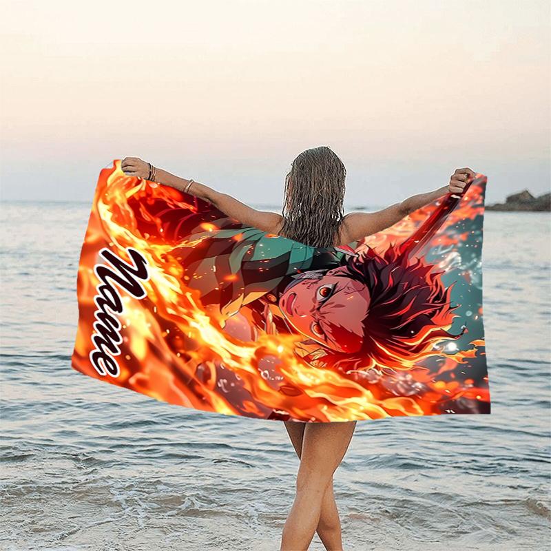 1pc Demon Slayer1 Beach Towel with Custom Name, Beach/Swimming/Bath/Picnic/Camping Towel, Suitable for Seaside Beaches